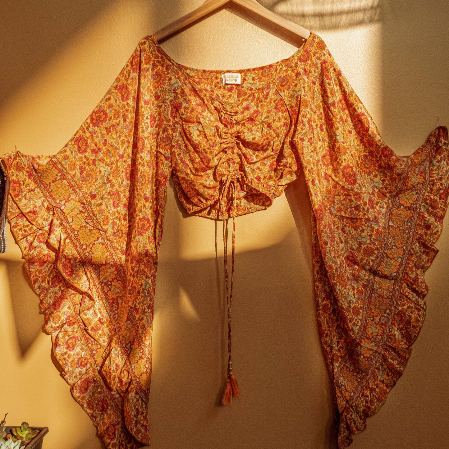 Hippie Flare Bell Sleeve Cinch Top - ORANGE PAISLEY