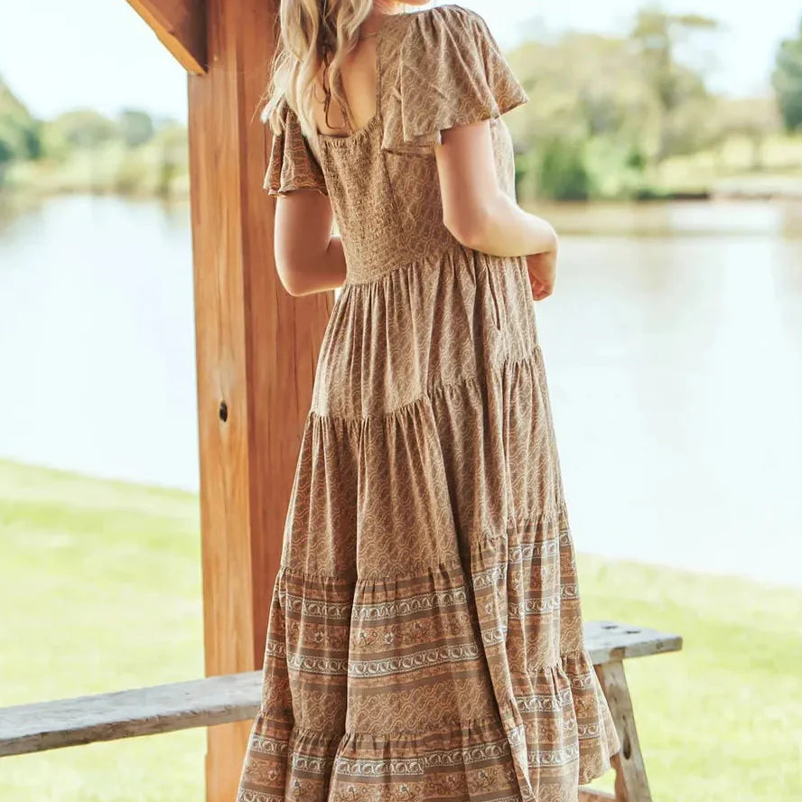 Jaase Isabella Bon Sand Maxi Dress – Boho Floral Tiered Summer Dress