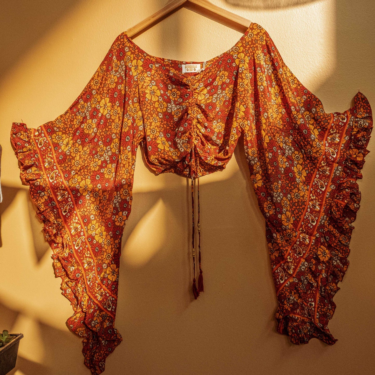 Hippie Flare Bell Sleeve Cinch Top  -  ORANGE PAISLEY