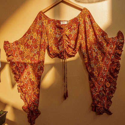 Hippie Flare Bell Sleeve Cinch Top  -  ORANGE PAISLEY