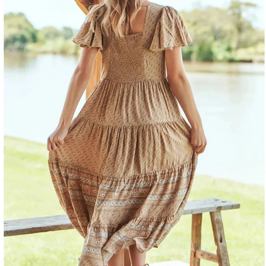 Jaase Isabella Bon Sand Maxi Dress – Boho Floral Tiered Summer Dress