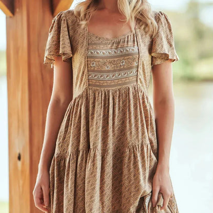Jaase Isabella Bon Sand Maxi Dress – Boho Floral Tiered Summer Dress