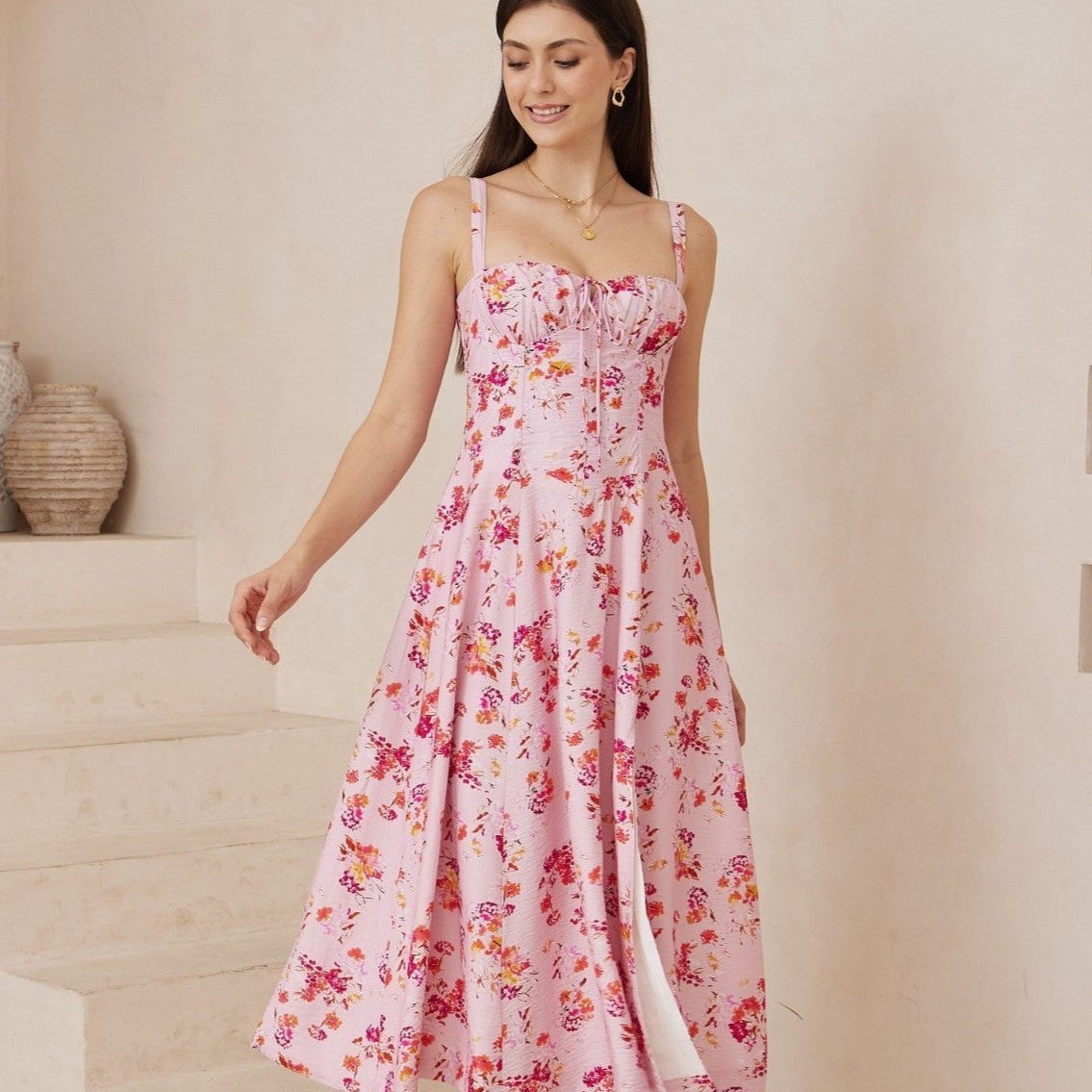 Pink Floral, strap maxi dress